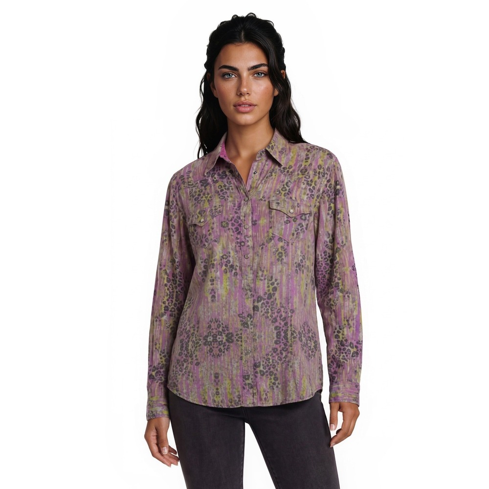Rock 47 by Wrangler Pink Leopard Western Shirt Women's Size XL Pearl Snap